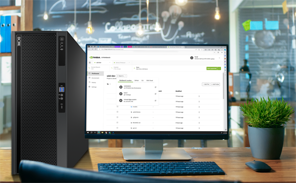 BOXX AI workstation and monitor displaying NVIDIA AI workstation in a modern office setup.